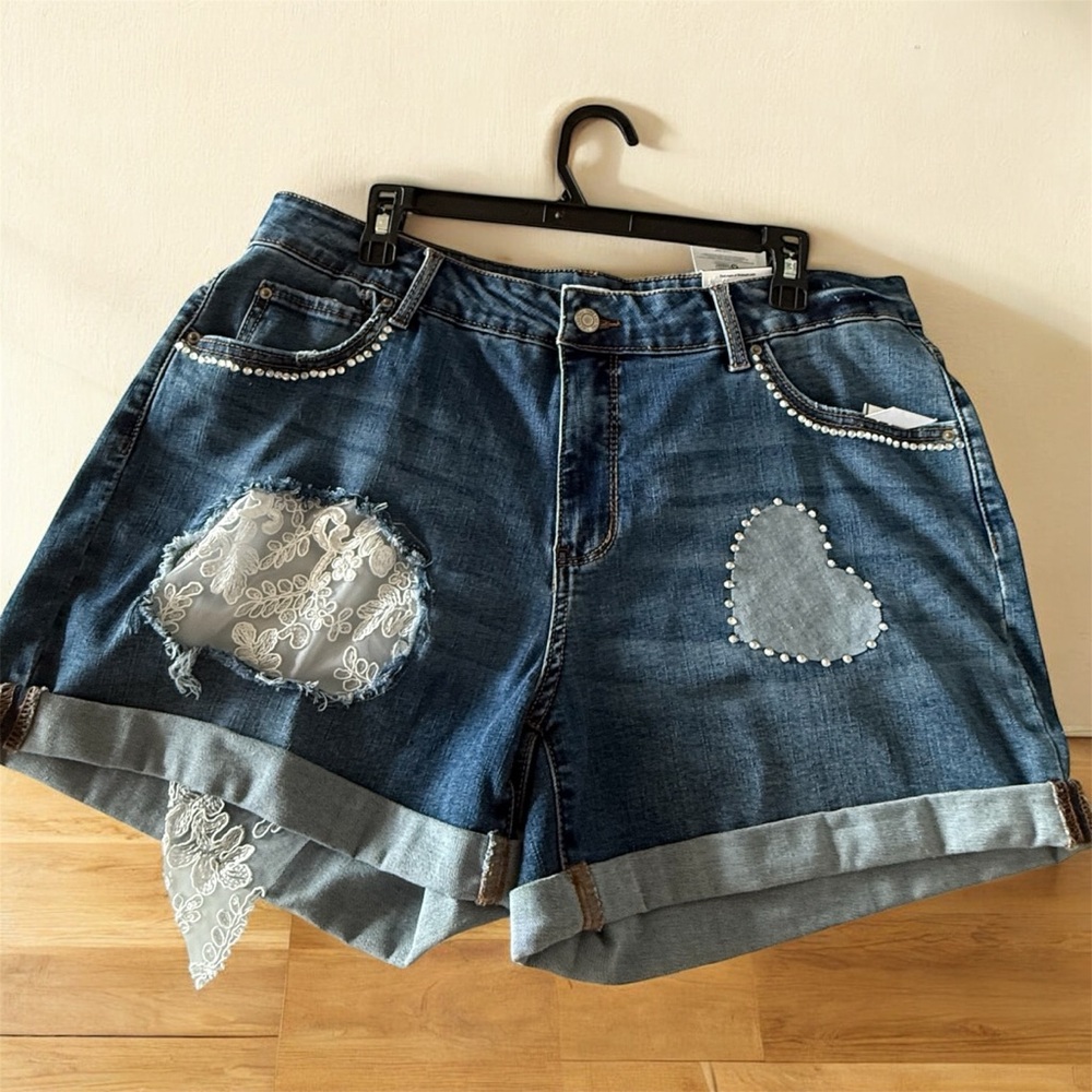 Time and Tru Blue Jean Shorts with Lace and Pearl Details